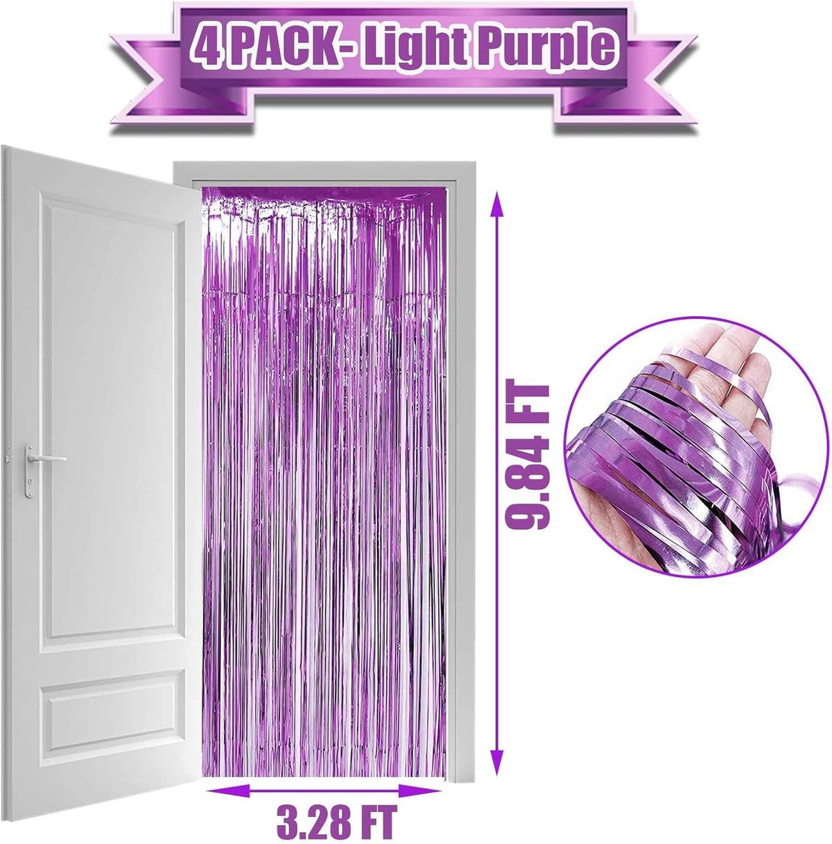 4 Pack Light Purple Foil Fringe Curtain Backdrop, 3.28Ft x 9.84Ft Metallic Tinsel Streamers