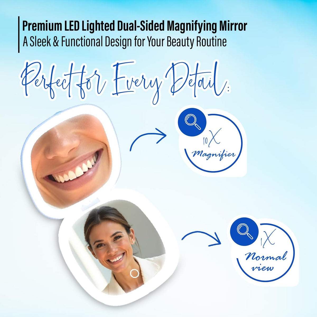 LED Compact Mirror – 1x & 10x Magnification | Travel Makeup Mirror with Adjustable Lighting |