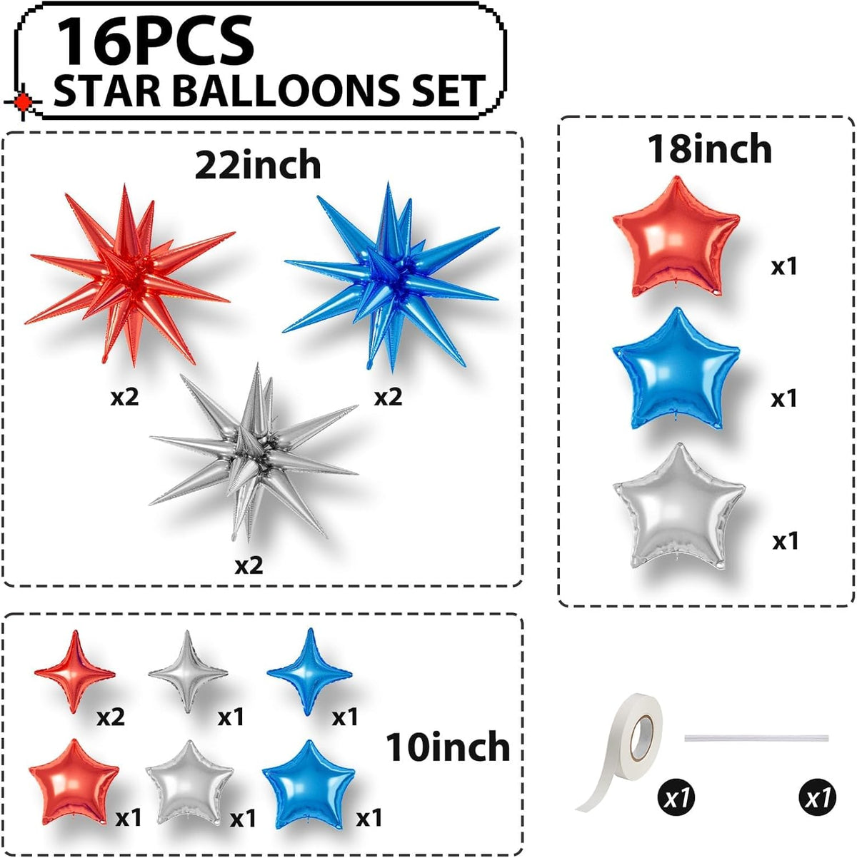 16 Pcs Red Blue Silver Star Balloons,22/18/10 Inch Foil Balloons, Four-Pointed Balloon for Kids Boy