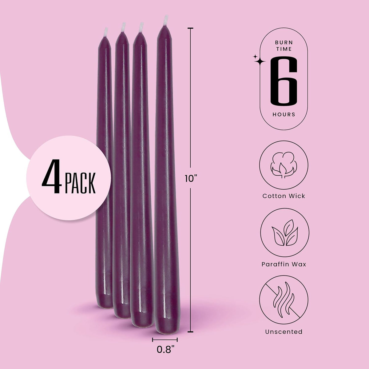 Leor & Lair Purple Taper Candles - 4 Pack 10" Purple Candlesticks - Unscented Long Burning Candle