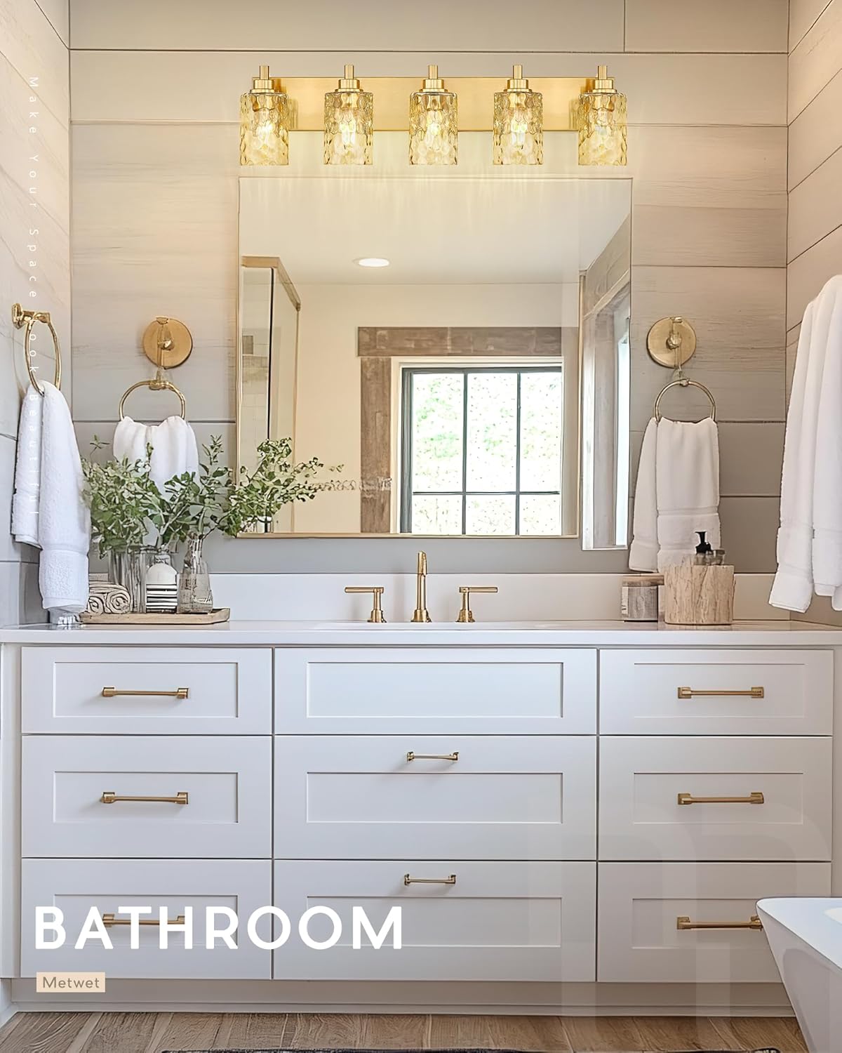 5-Light Bathroom Light Fixtures, 30 Inch Brushed Gold Vanity Lights with Clear Hammered Glass