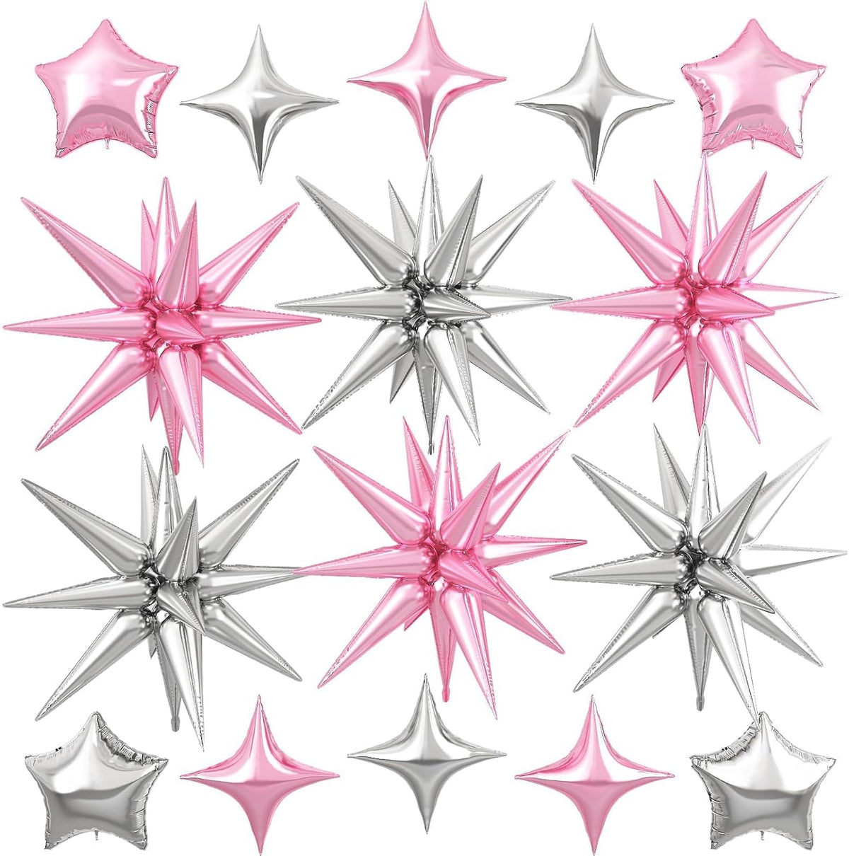Pink Silver Star Balloon,16Pcs Star Foil Balloons Set with 22Inch Explosion Spike Cone Balloons and