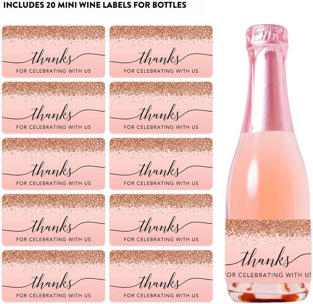 Andaz Press 20-Pack Mini Wine Labels for Bottles, Blush Pink Faux Rose Gold Glitter, Thanks for