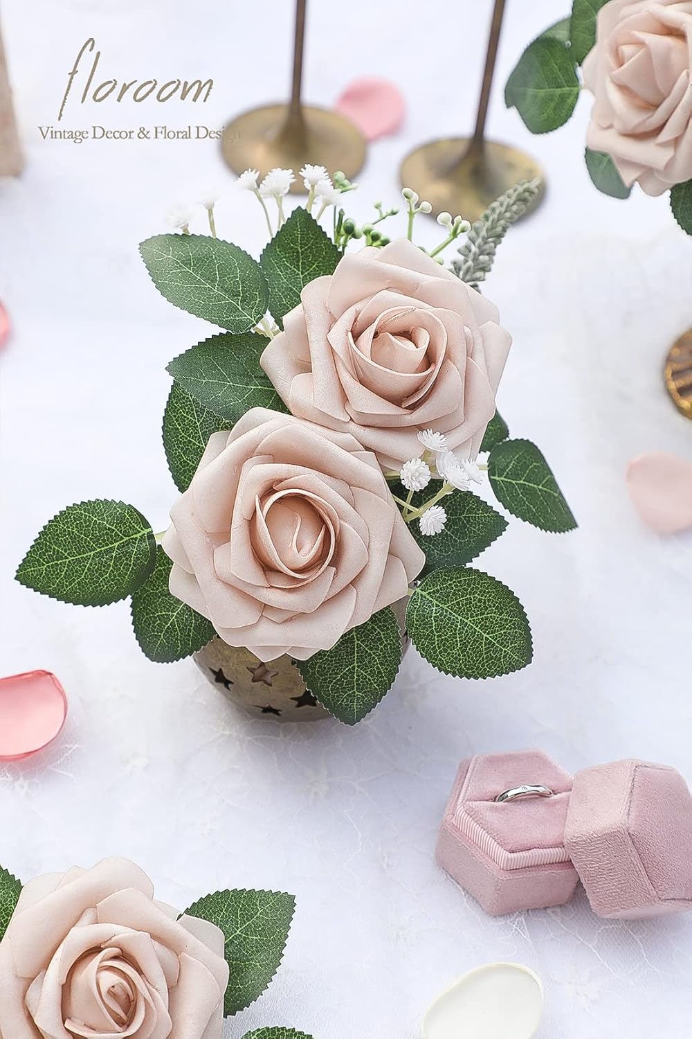 Floroom Artificial Flowers 25pcs Real Looking Nude Foam Fake Roses with Stems for DIY Wedding