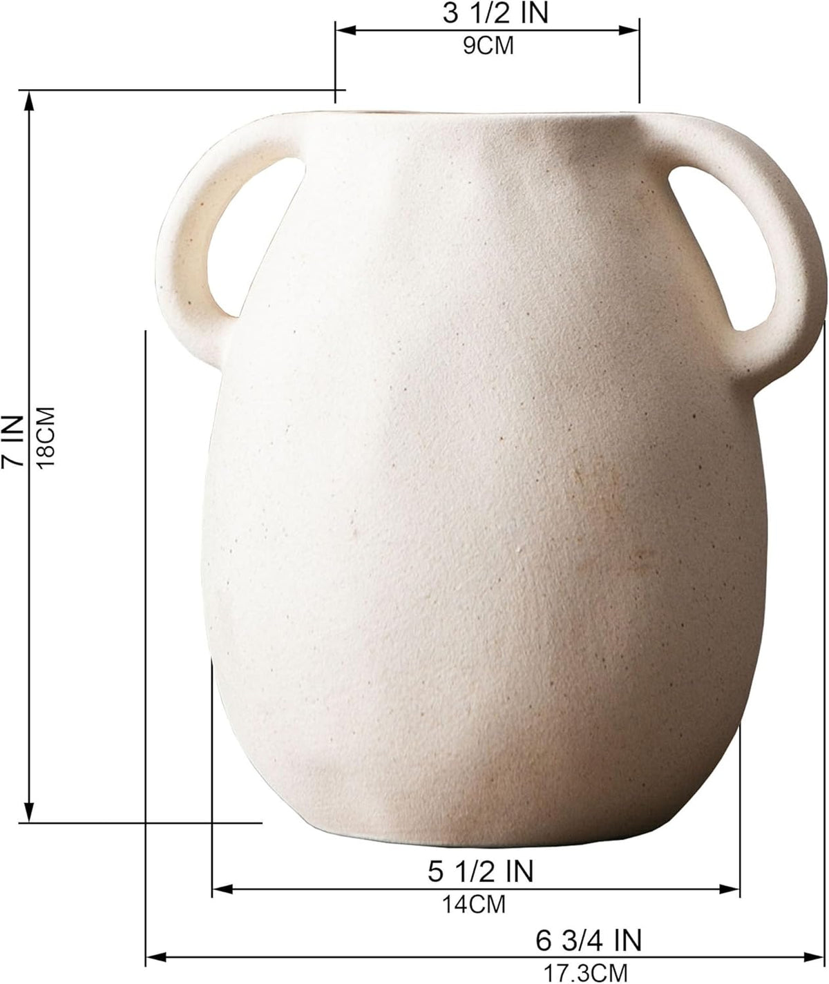 Kimdio White Ceramic Vase with 2 Handles – Sand-Glazed Clay Pottery Vase for Dried Flowers, Rustic