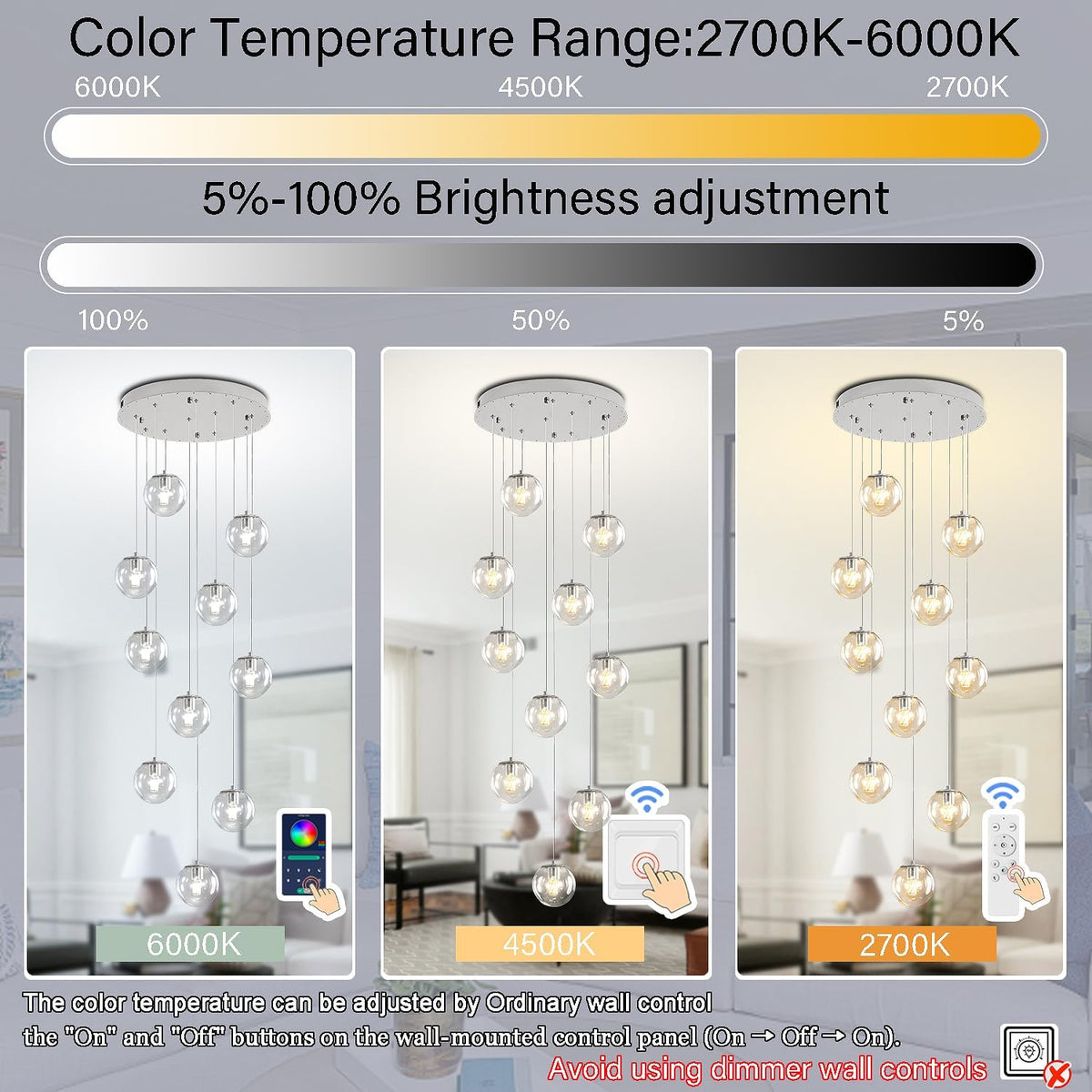H118 Staircase Chandelier for Entryway Modern Globe Chandelier 12-Lights Glass Globe Pendant Light