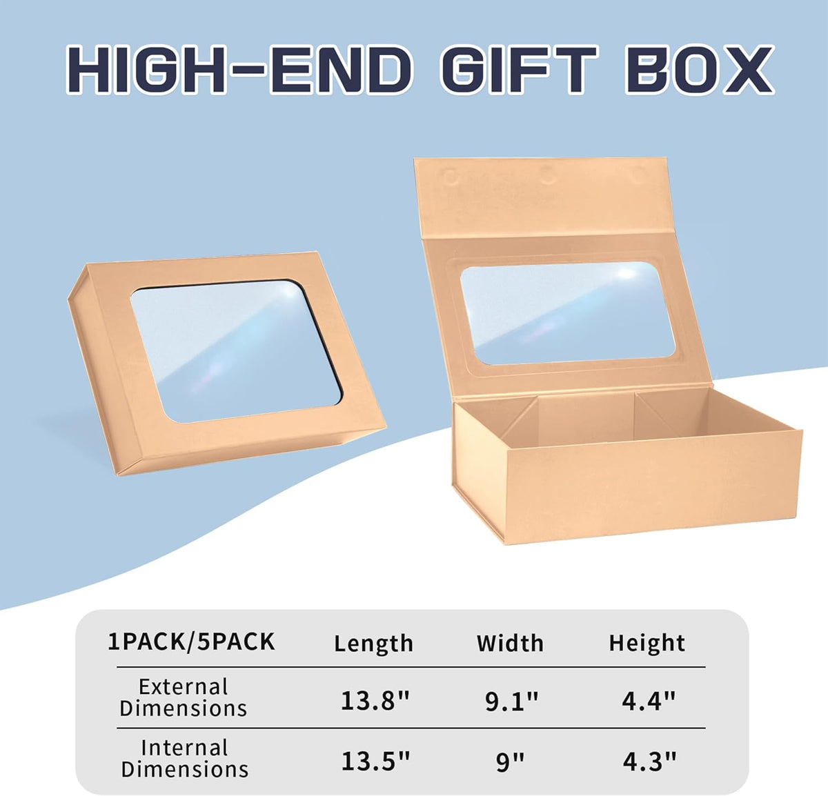 Rose Gold Large Gift Boxes with Window, 13.5"x9"x4.3" Bridesmaid Boxe for Gift Giving,Birthday Gift
