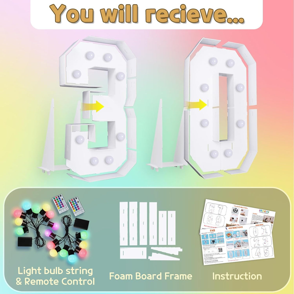 Marquee Numbers Colorful 30th-Birthday Decoration: 4FT Large Light Up 30 Year Old Birthday