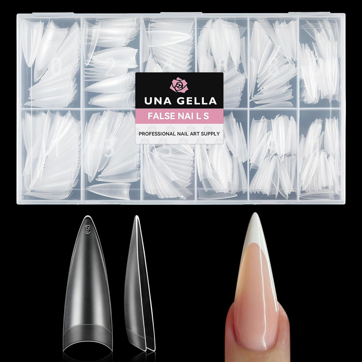 UNA GELLA Stiletto Gel Nail Tips 504pcs Long Stiletto Almond Clear Curved Nails Tips Half Cover