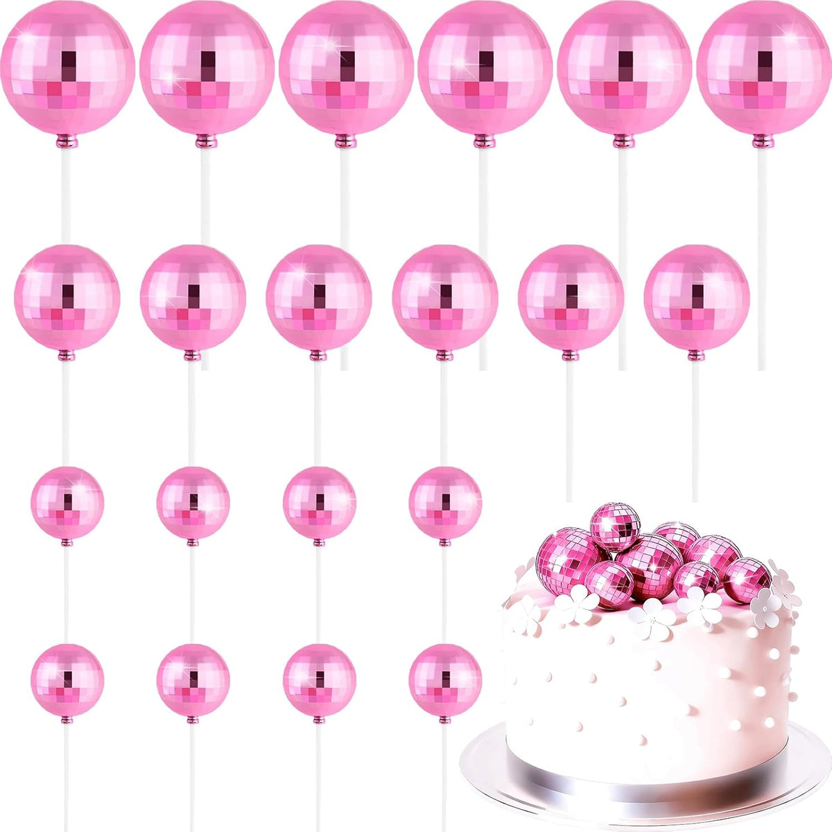 ASTARON 20 Pcs Disco Ball Cake Topper Decorations Sticks Pink Cake Balls Picks Toppers for Birthday