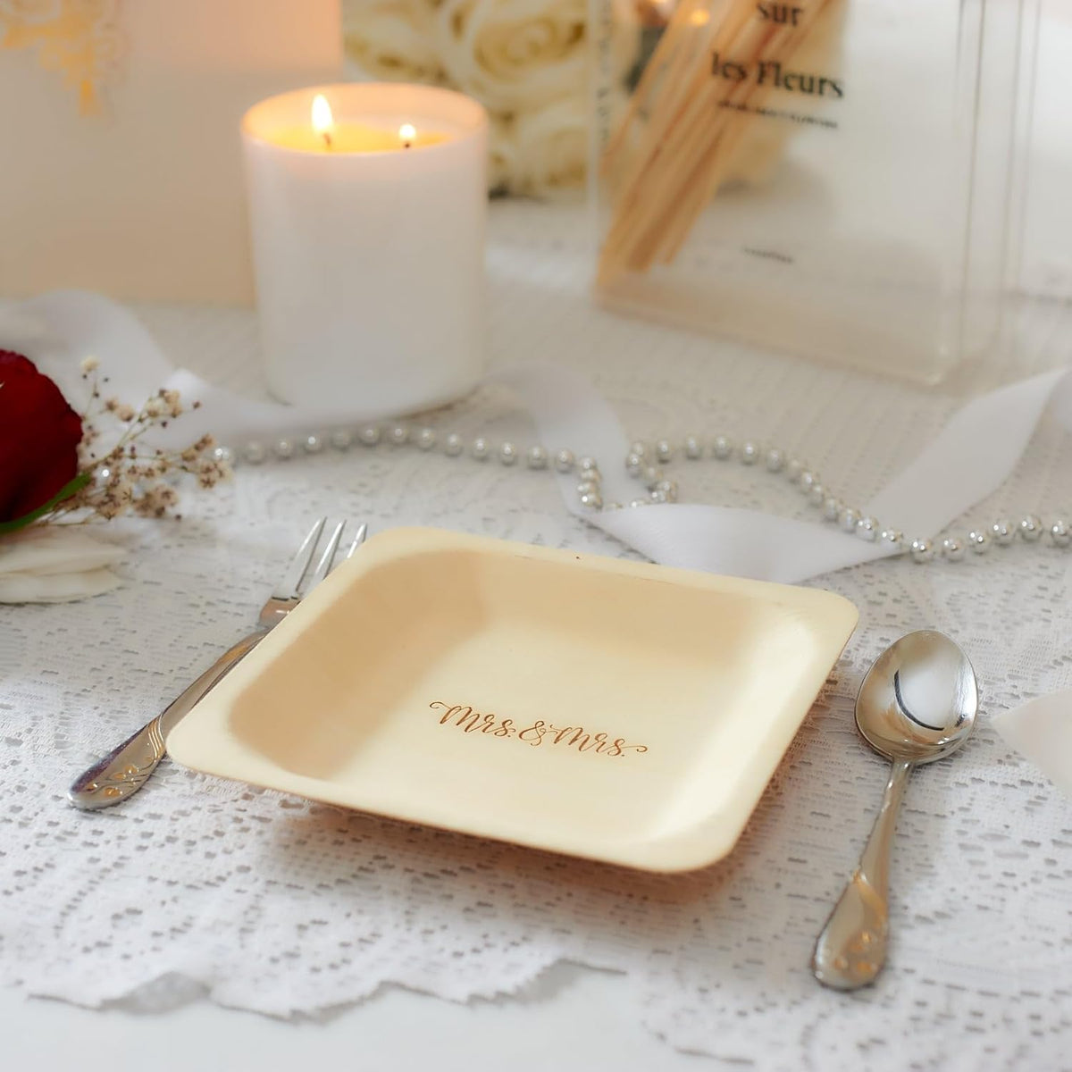 Mrs. and Mrs. Disposable Wedding Plates – Rustic, Compostable Alternative to Plastic Plates for
