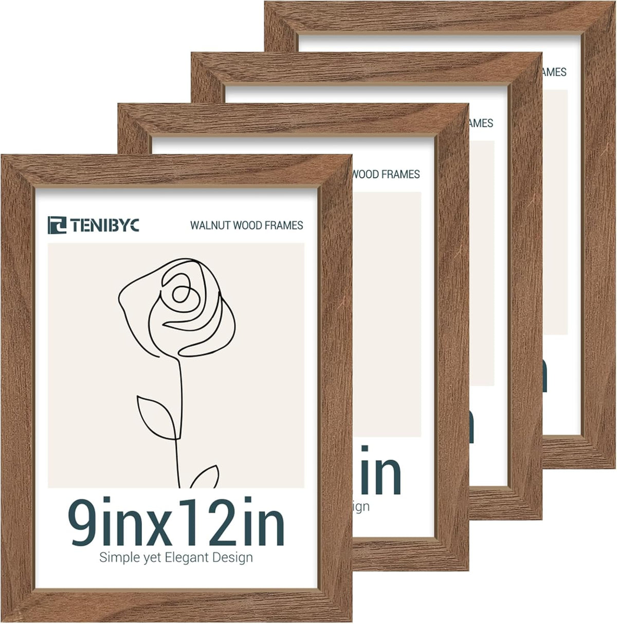 9x12 Frame 4 Pack - Brown Woodgrain, HD Tempered Glass, Natural Walnut Picture Frame 9 x 12, Table
