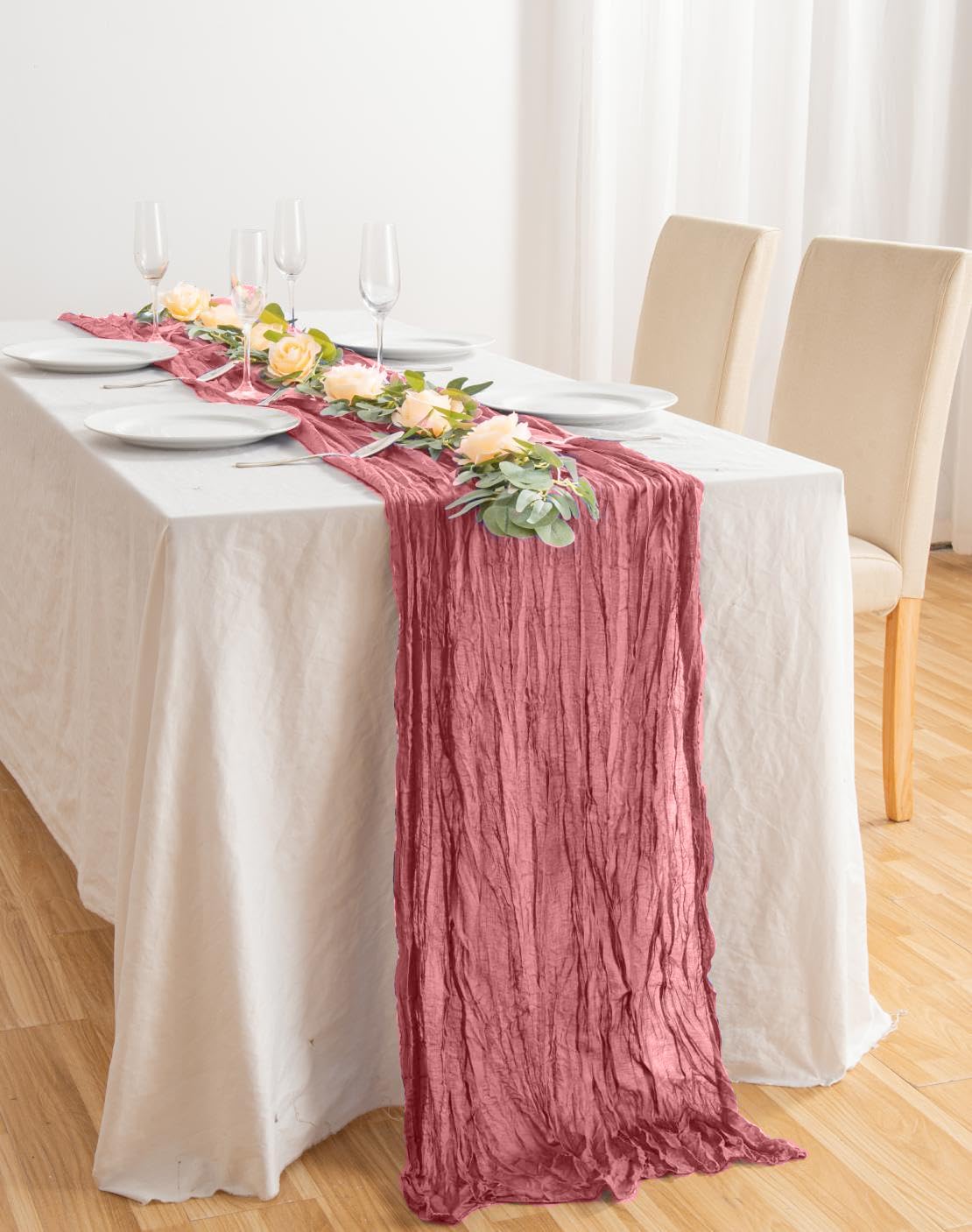 20 Pack Dusty Rose Cheesecloth Table Runner 17x108 Inch Boho Wrinkled Sheer Gauze Cheese Cloth