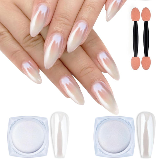 Artdone 2PCS White Pearl Chrome Nail Powder,Iridescent Aurora Powder Metallic Mirror Effect Pigment