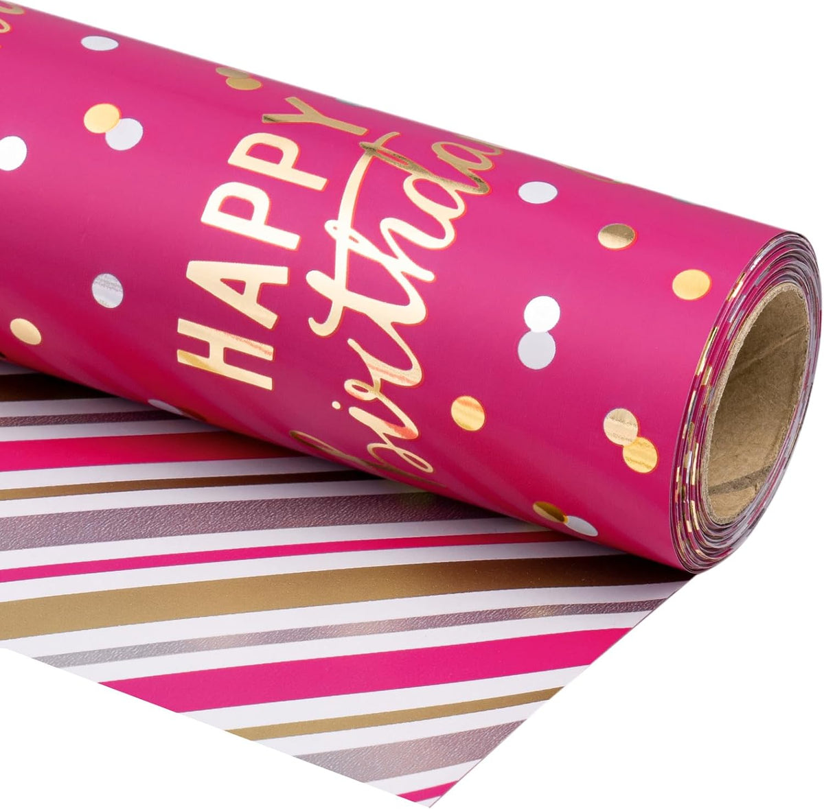 LeZakaa Reversible Pink Birthday Wrapping Paper Roll for Girls Women, Happy Birthday Lettering &