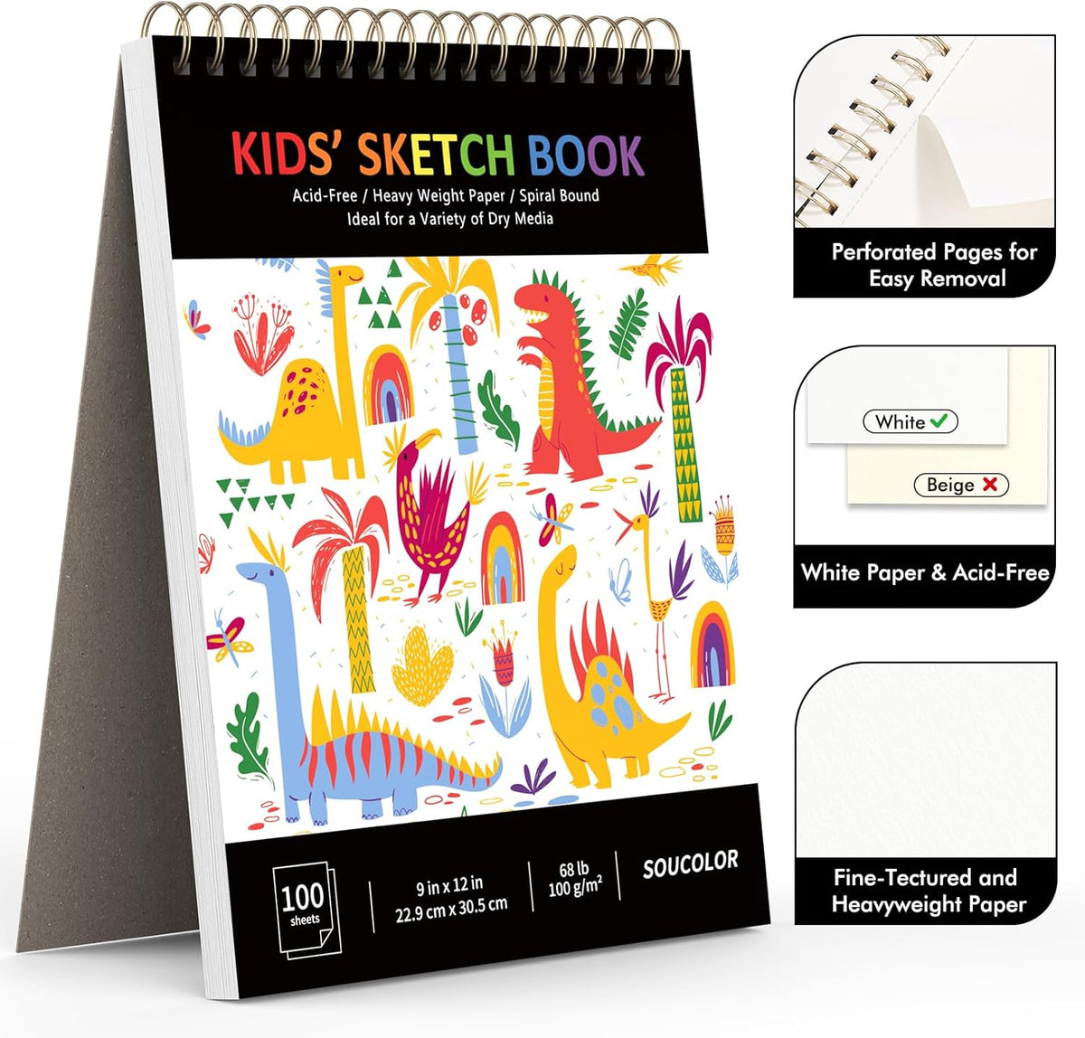 Soucolor 9" x 12" Kids Sketch Book, 100 Sheets Spiral Bound Art Sketchbook, Acid Free Artist