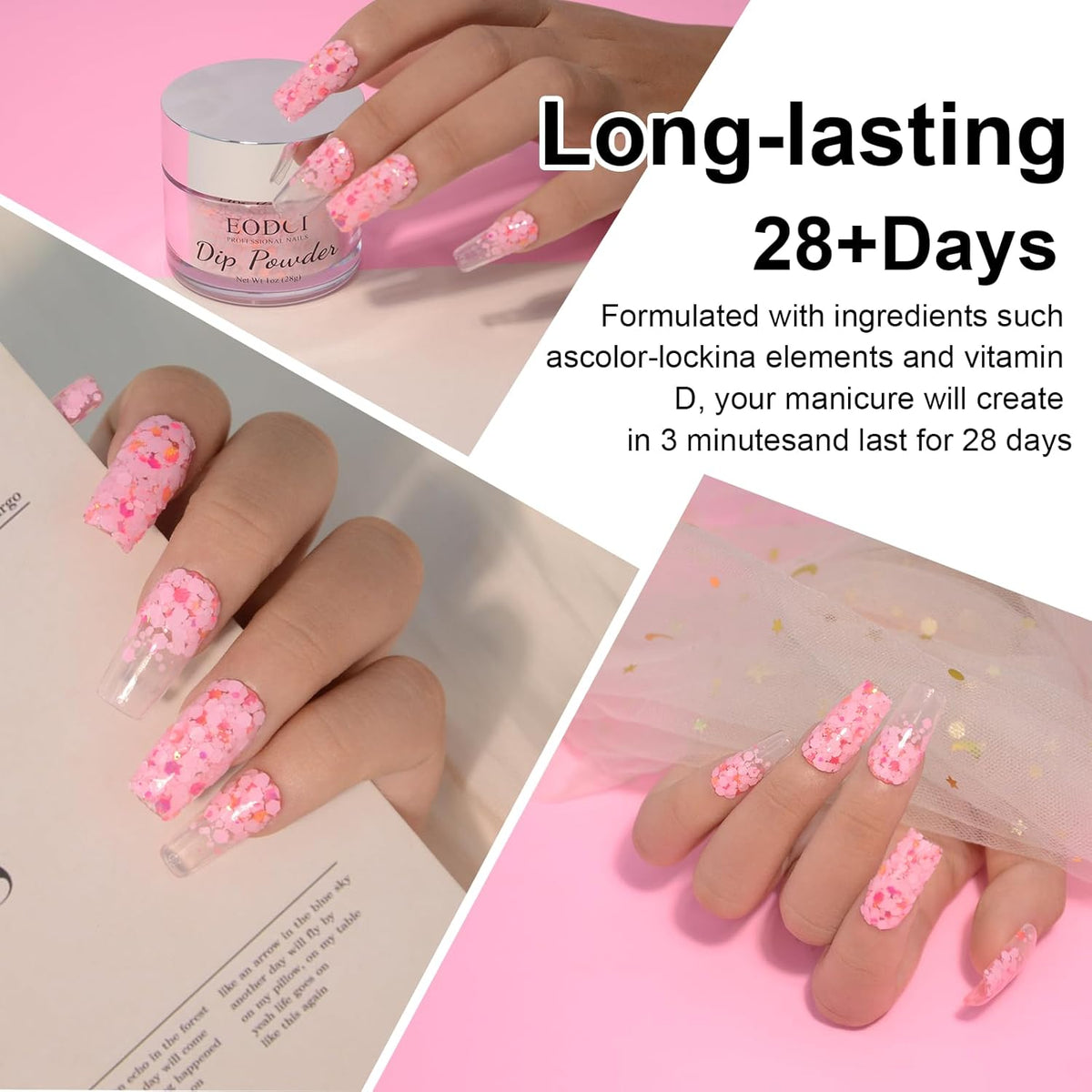 Dip Powder Glitter Pink Color, 1 Oz/28g Dipping Powder French Nail Art Starter Manicure Salon DIY