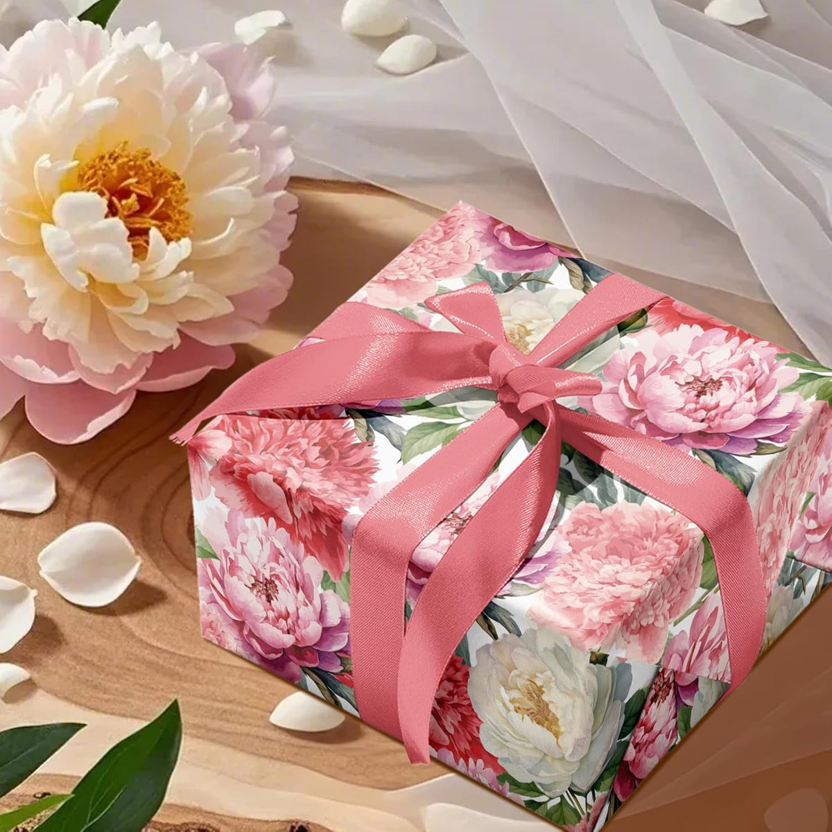 WRAPAHOLIC Floral Wrapping Paper Roll - Mini Roll - 17 Inch x 33 Feet - Red Pink Flower Wrapping