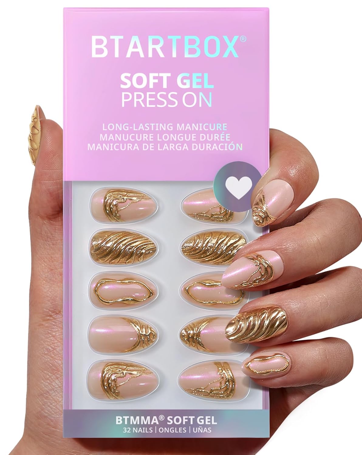 BTArtbox Press On Nails Short - 3D Gold Sculpting Almond Press On Nails with Glue for Women, Opaque