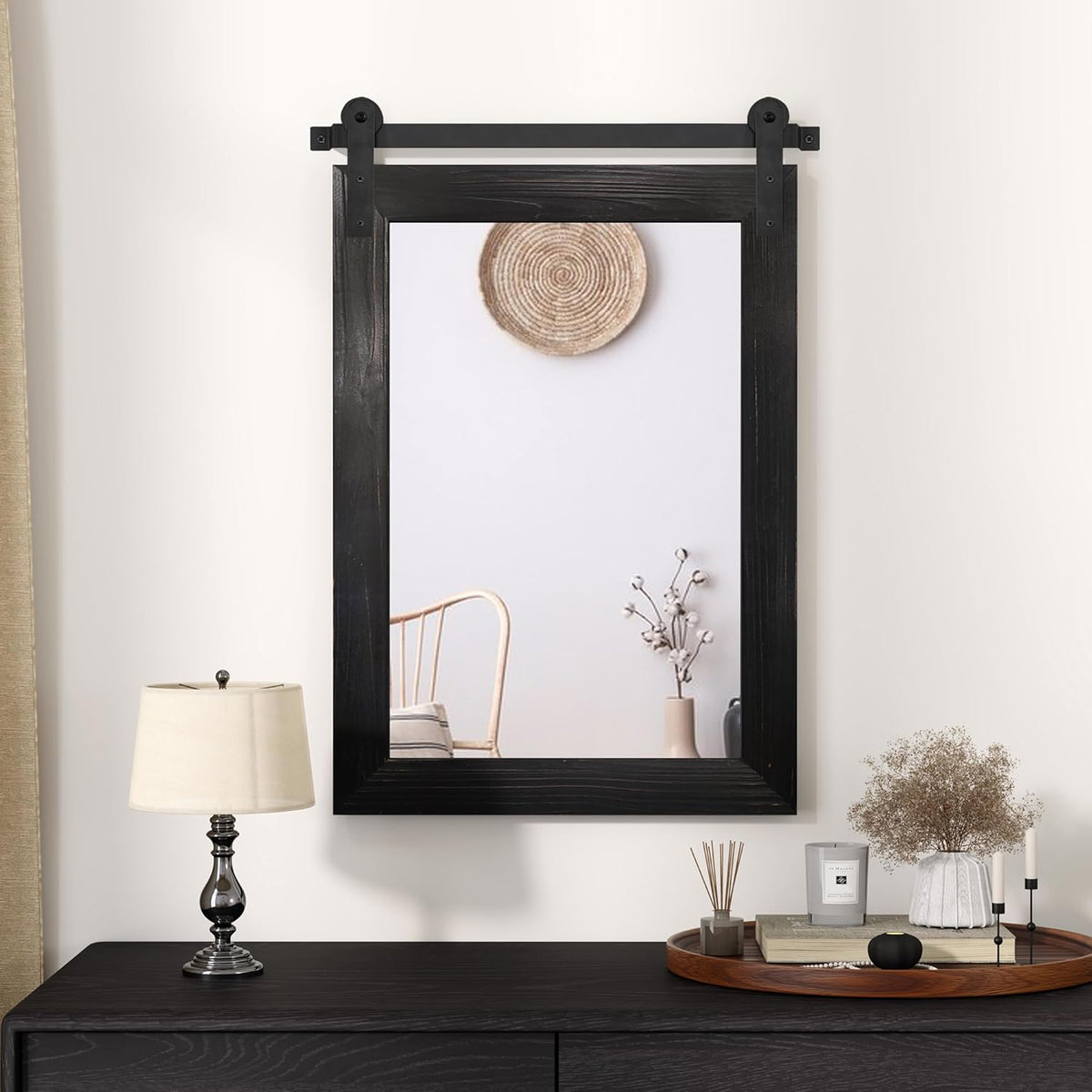 COGOOD Farmhouse Barn Door Mirror - 21 x 30 Rustic Wood Framed Wall Mirror for Bathroom, Living