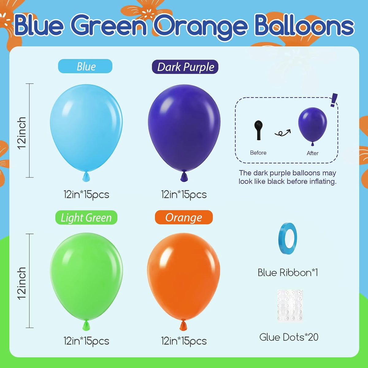 60pcs Blue and Orange Balloons 12inch with Purple Light Green Orange Blue Balloons for Cartoon Dog