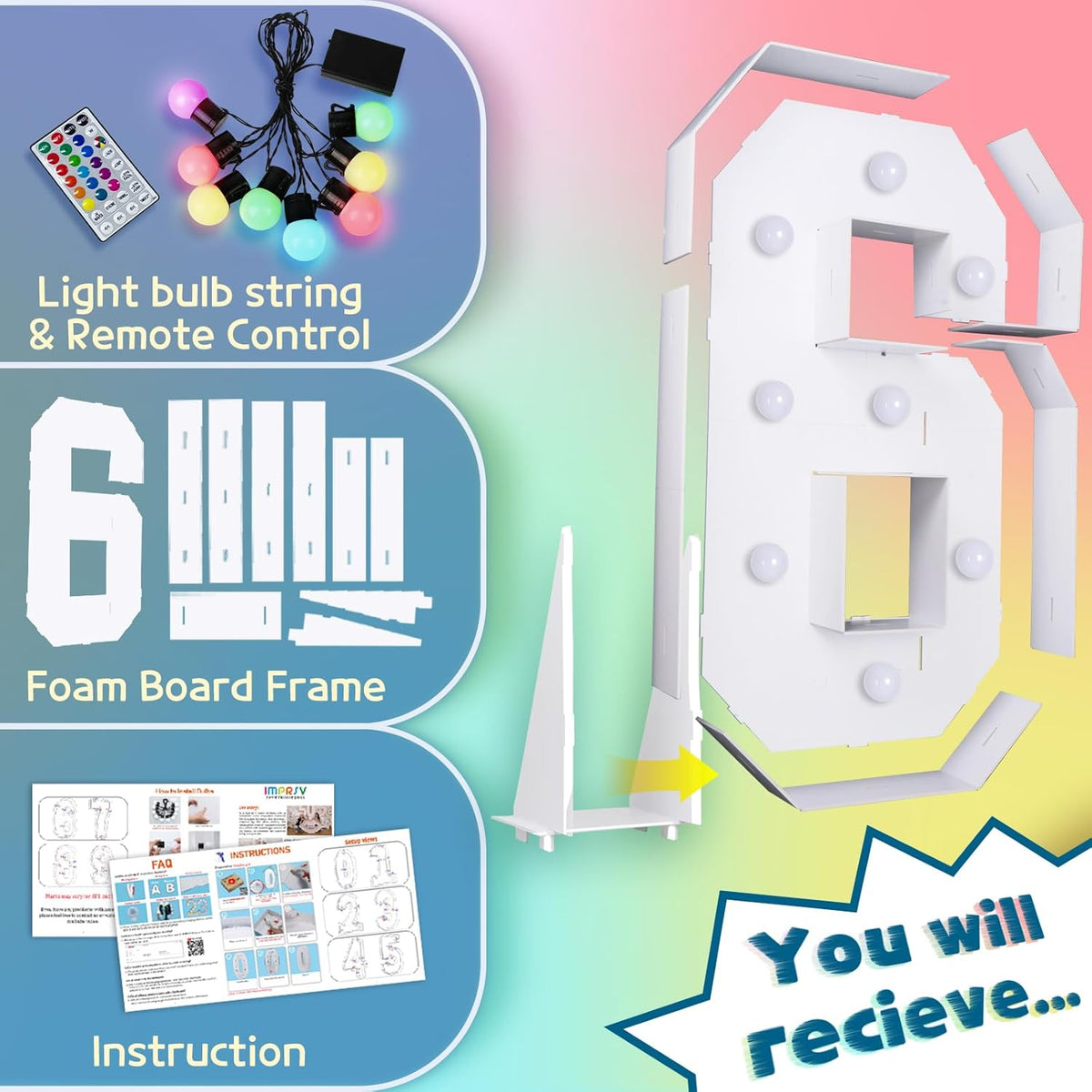 imprsv 3FT Colorful Marquee Numbers,18 Colors Number 6 with Remote, Light Up Numbers Sign for 3rd