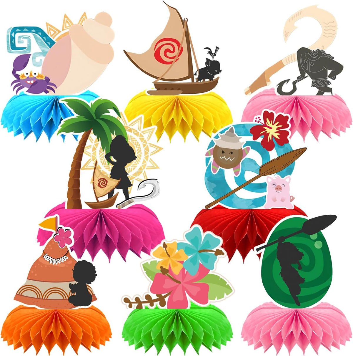 8Pcs Tropical Hawaiian Birthday Party Supplies, Tropical Luau Summer Honeycomb Centerpieces Cartoon