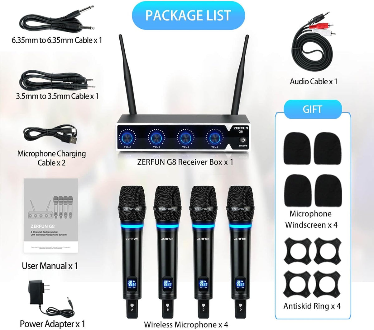 4 Channel Rechargeable Wireless Microphone System, Pro UHF Metal Handheld Wireless Microphones
