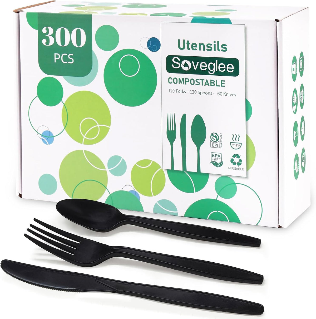 Black Compostable Silverware, 300 Count Compostable Utensils, Plastic 120 Forks 120 Spoons 60