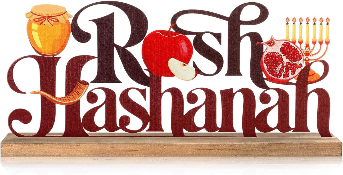 Rosh Hashanah Metal Sign Jewish New Year Table Centerpiece Tiered Tray Decor with Wooden Base Apple