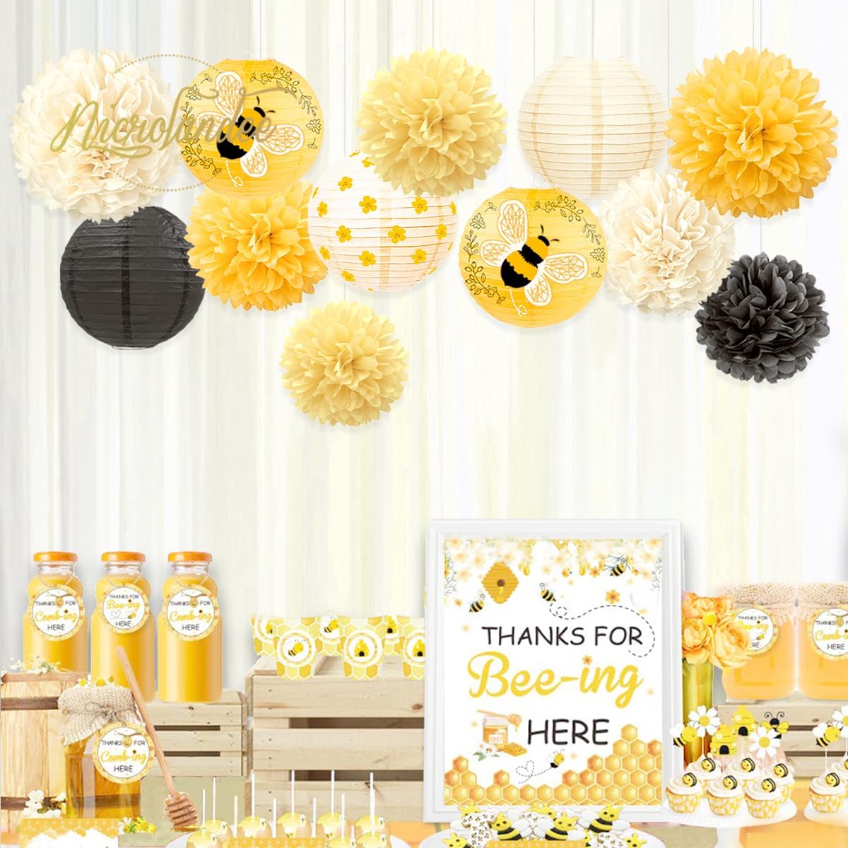 NICROLANDEE Bee Party Decorations, 12PCS Yellow Hanging Paper Lanterns Tissue Pom Poms Decor for