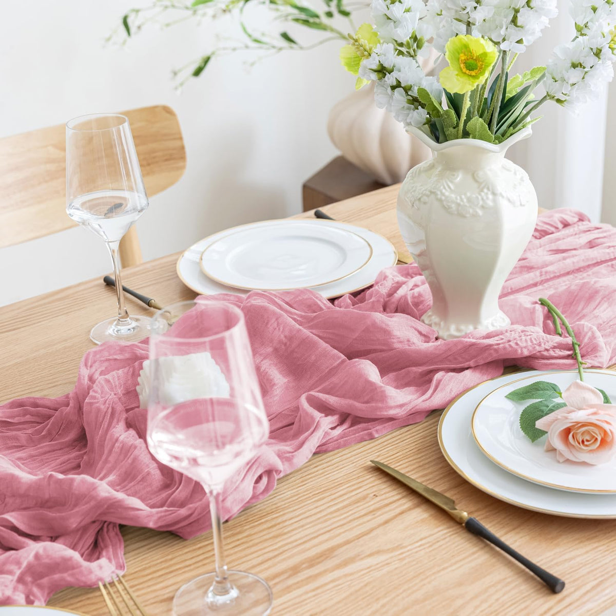 Asee'm 12pcs Cheesecloth Table Runner 120 Inches Long Pink Boho Gauze Cheese Cloth Runner 10FT