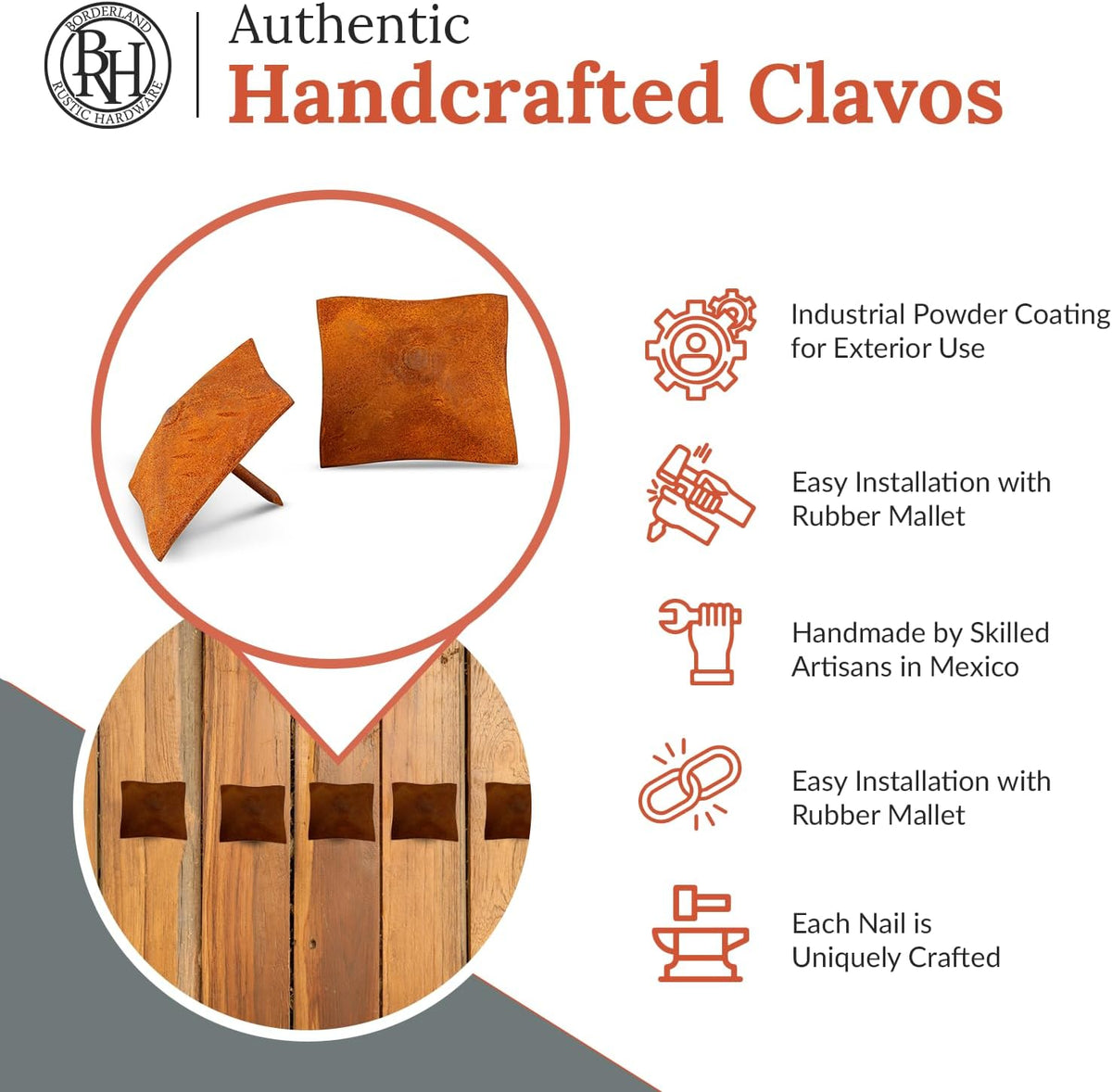 25 Pack 2" Square Head Iron Clavos Decorative Nails – Rusted – Handmade Rustic Square Fasteners for