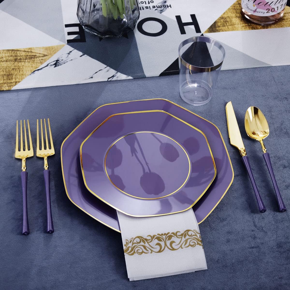 KIRE 140Pcs Purple Plastic Plates with Gold Rim& Gold Disposable Plastic Silverware with