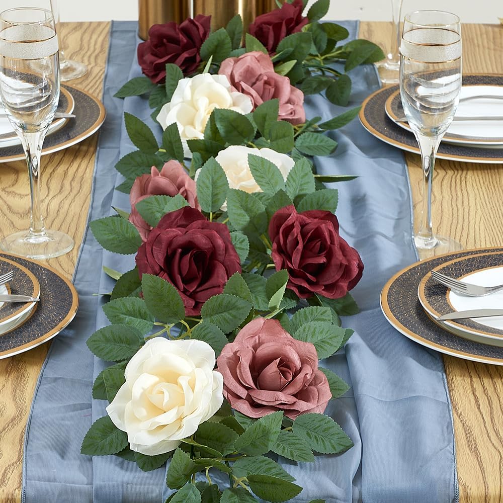 Burgundy Artificial Rose Garlands Rose Vines Leaves Banners Hanging Floral Garland Fake Rose Flower