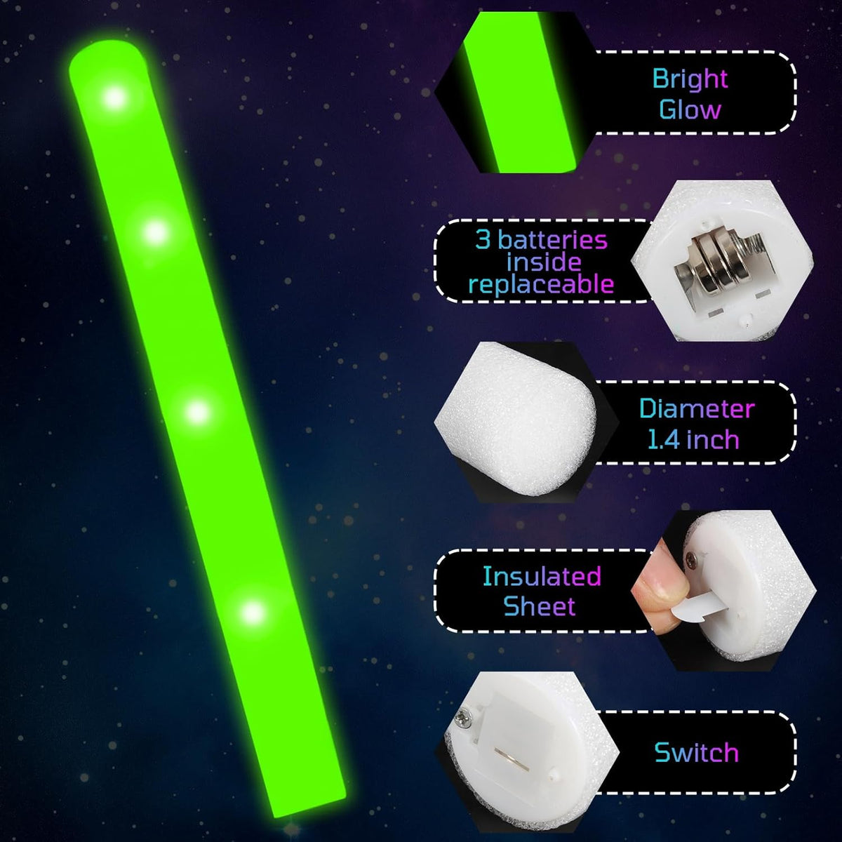 Foam Glow Sticks Bulk, 30 PCS Green Light Up Foam Sticks 3 Modes, Glow Party Supplies for