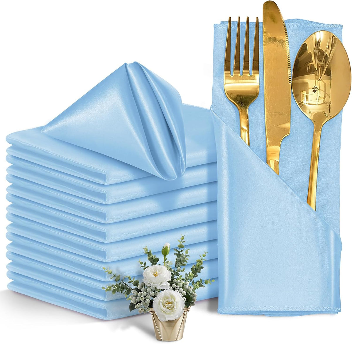 50 Pieces Light Blue Satin Napkins, 17" x 17" Square Table Napkins, Silky Soft Smooth Washable