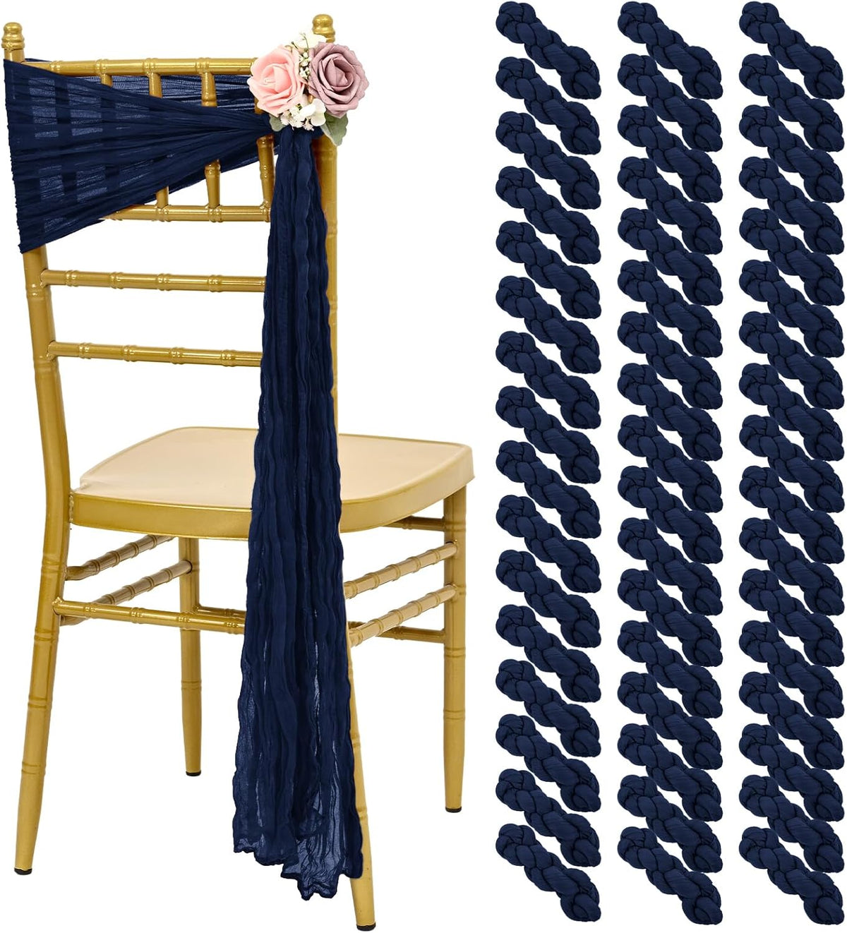 50 PCS Cheesecloth Chair Sashes, Bows Designed ChairSashes, 15.7x108 inch Chair Sashes for Aisle