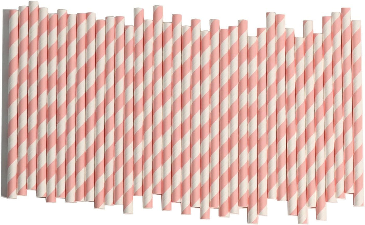Paper Straws Disposable Pink White - Compostable Drinking Straws for Cocktail, Coffee, Party