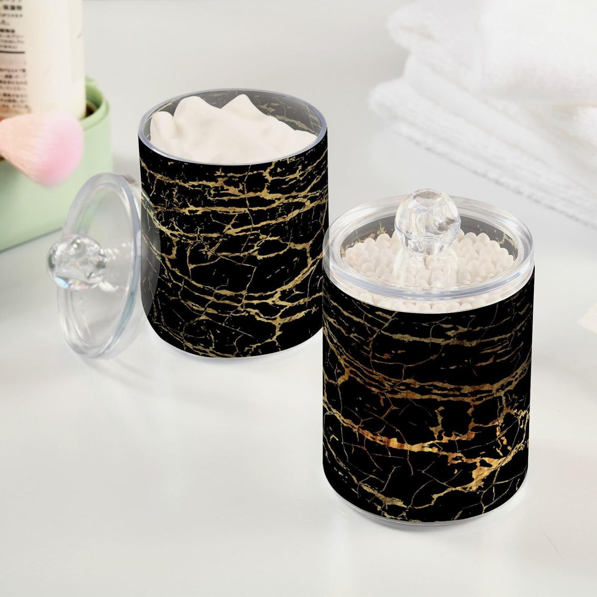 Qtip Holder Dispenser 2 Pack Gold Black Marbling Bathroom Decorative Storage Canister Holder