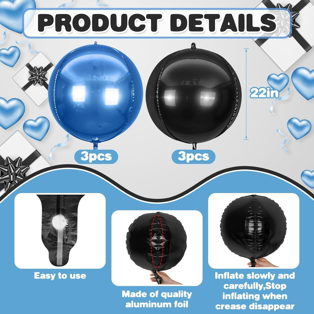 6Pcs Blue Black Round Foil Balloons,Giant 4D Round Ball Balloon,22 Inch Metallic Blue Black