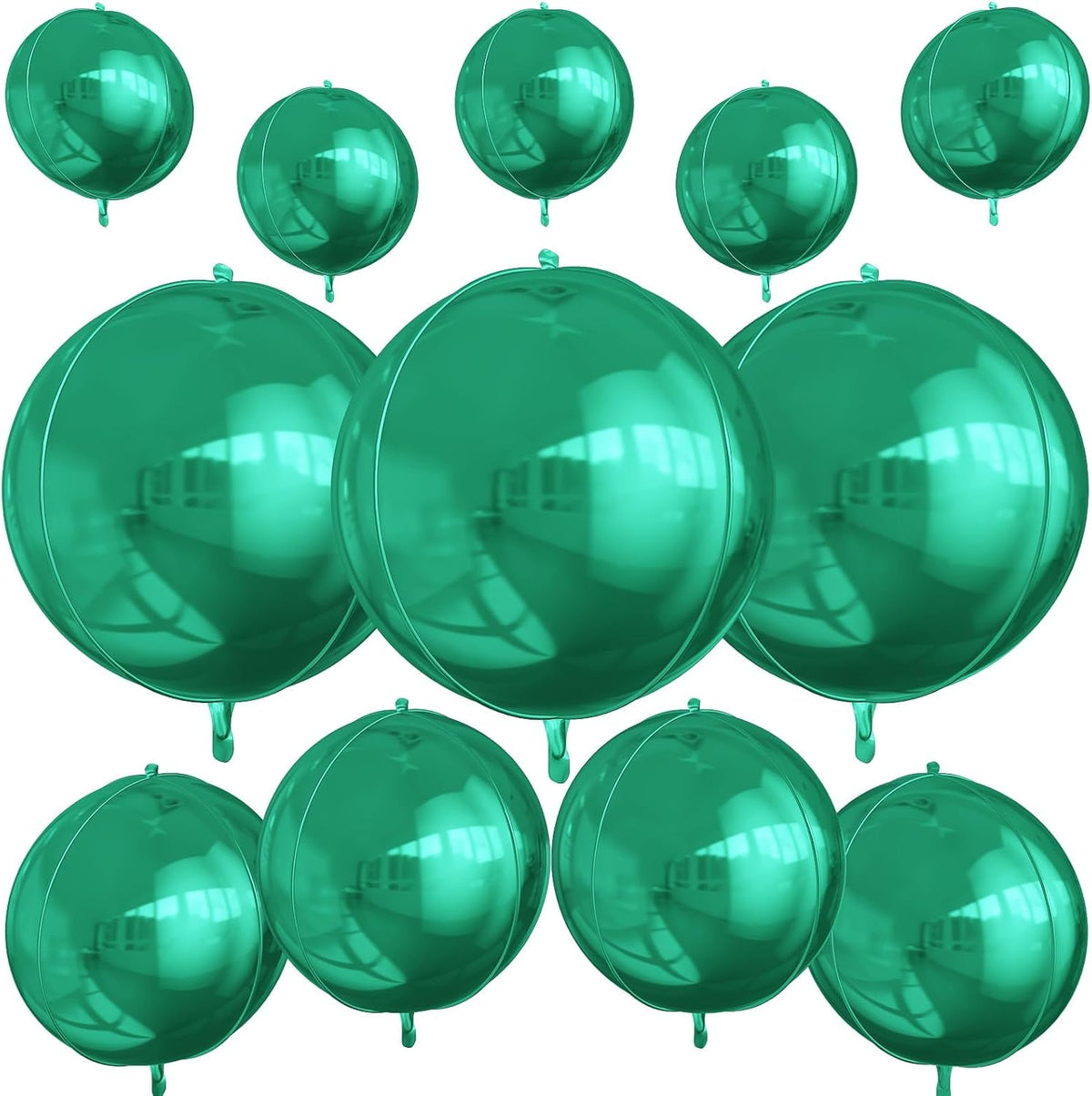12Pcs Green Round Foil Balloons, 22" 15" 10" 4D Helium Ball Balloon, Metallic Green Foil Balloon
