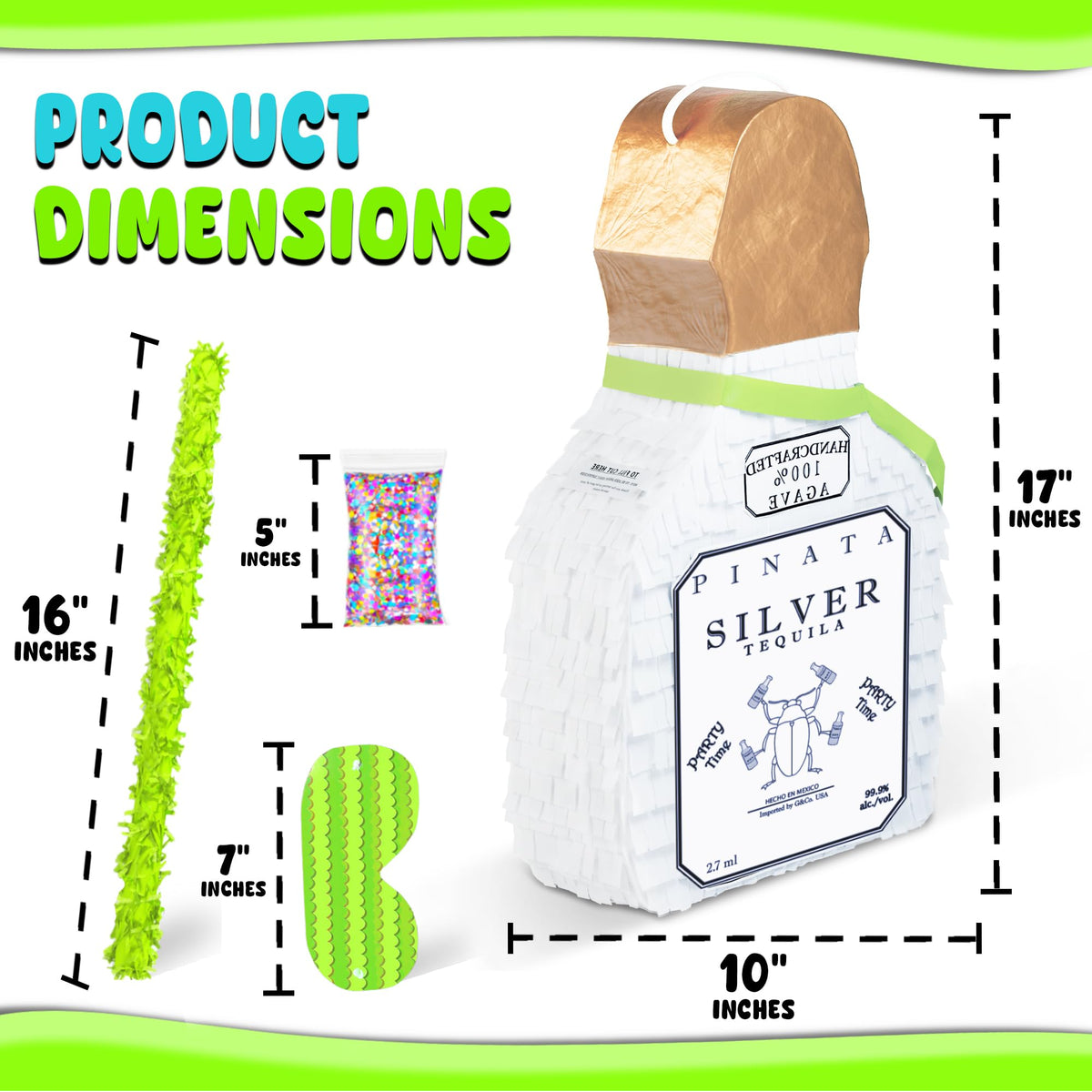 Jergrim White Tequila Bottle Piñata 4-piece set, 16x11x3 inches, Perfect for Party Decorations