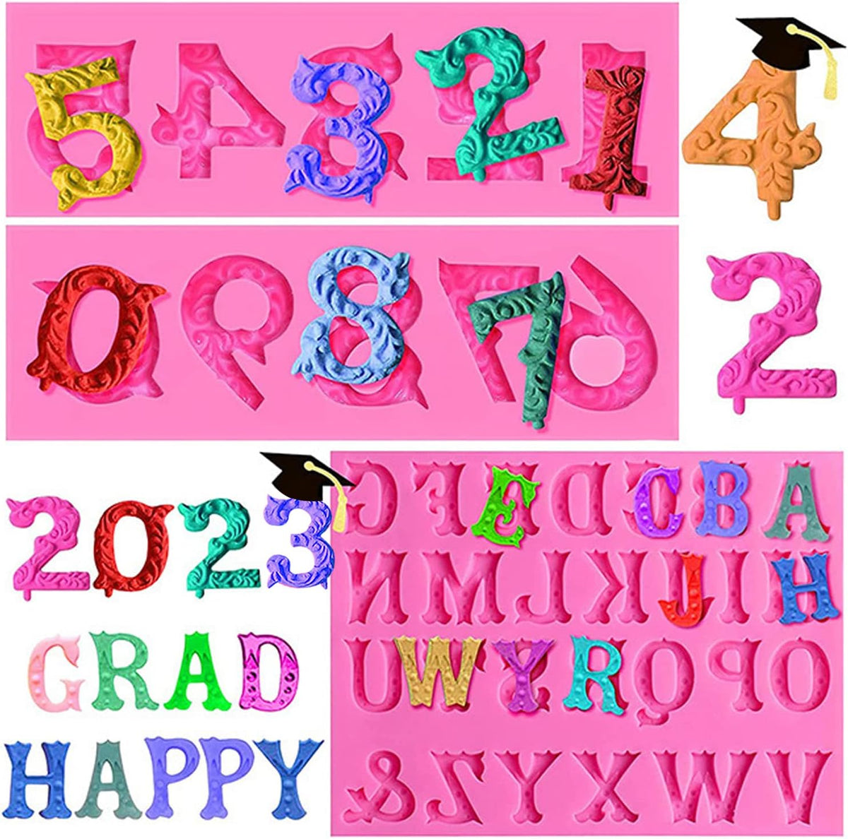 Silicone Fondant Molds, AIMEIKI 3 Pack 3D Silicone Number 0-9 Alphabet A-Z Embossed Fondant