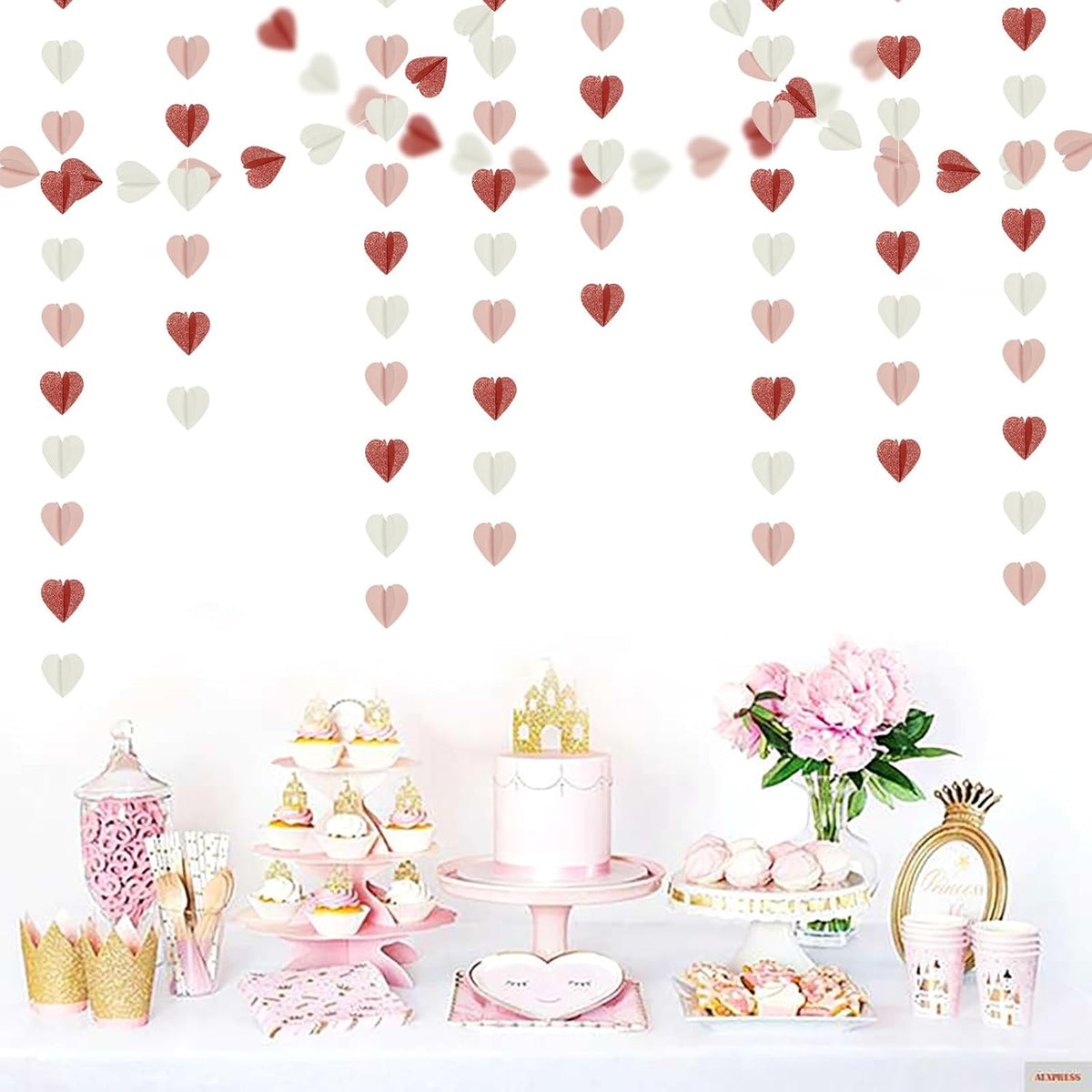 Rose-Gold Pink White 3D-Heart Garland - 39Ft Party Decorations Hanging Paper Streamers