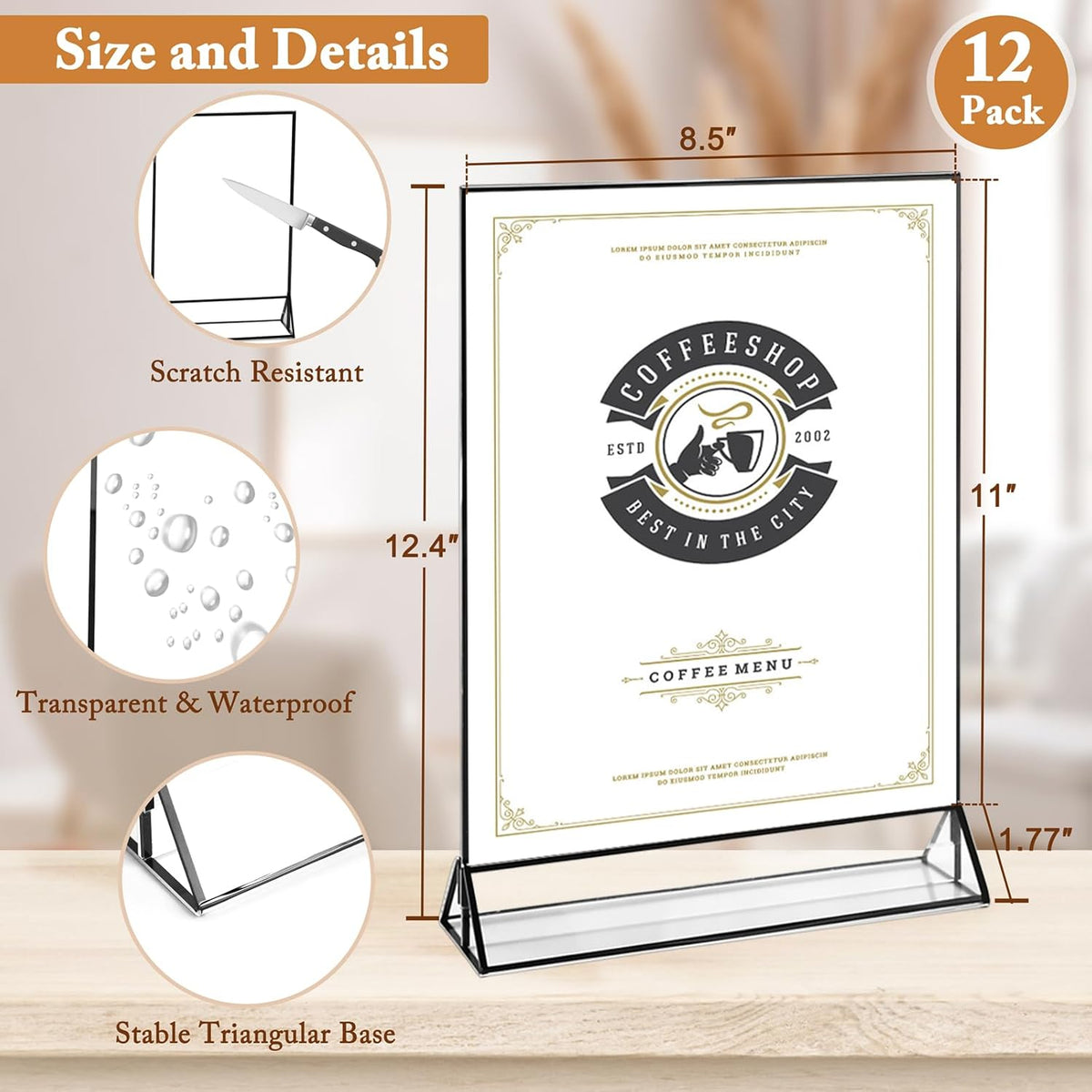 Floroom 12 Pack 8.5x11 Inch Clear Acrylic Sign Holders, Double-Sided Black Display Stand Picture