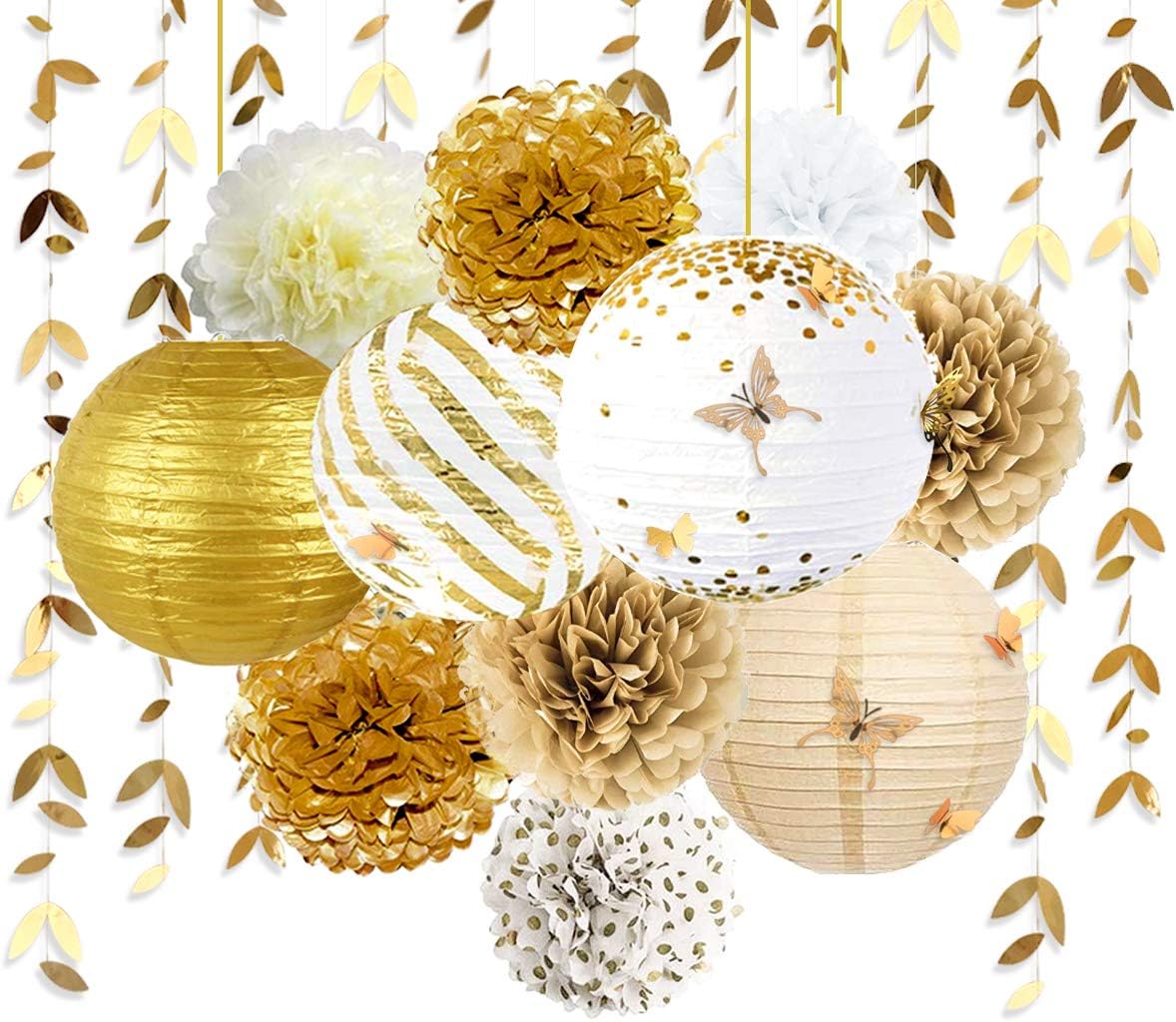 White and Gold Party Decoration Kit Lanterns Flowers Pom Pom with Gold 3D Butterfly Stickers and