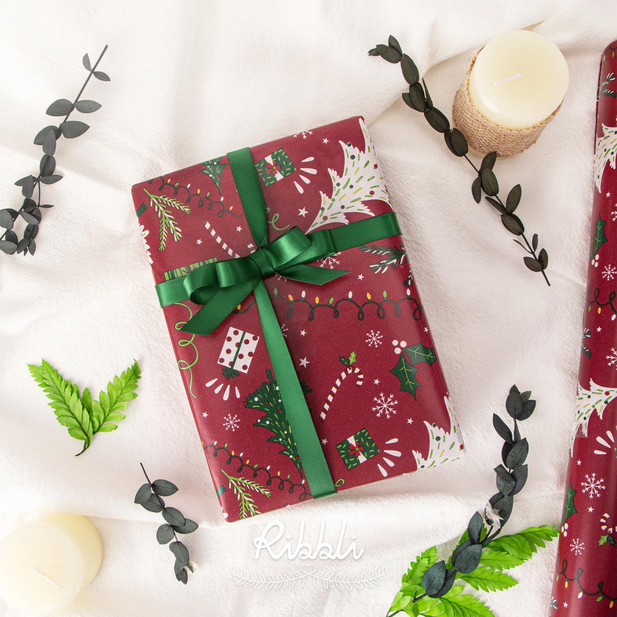 Ribbli Christmas Wrapping Paper Reversible Christmas Tree and Red Green Stripe Gift Wrapping