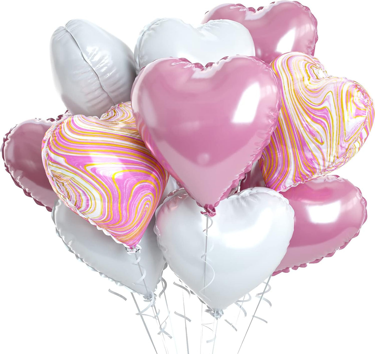 Pink White Agate Heart Shape Balloons - 10PCS Pink & White Foil Heart Balloons for Valentine's Day