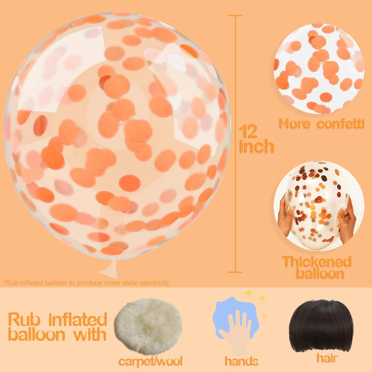 VHUWE Orange Confetti Balloons, 25 Pcs Thickened 12 Inch Clear Latex Balloon with Confetti Inside